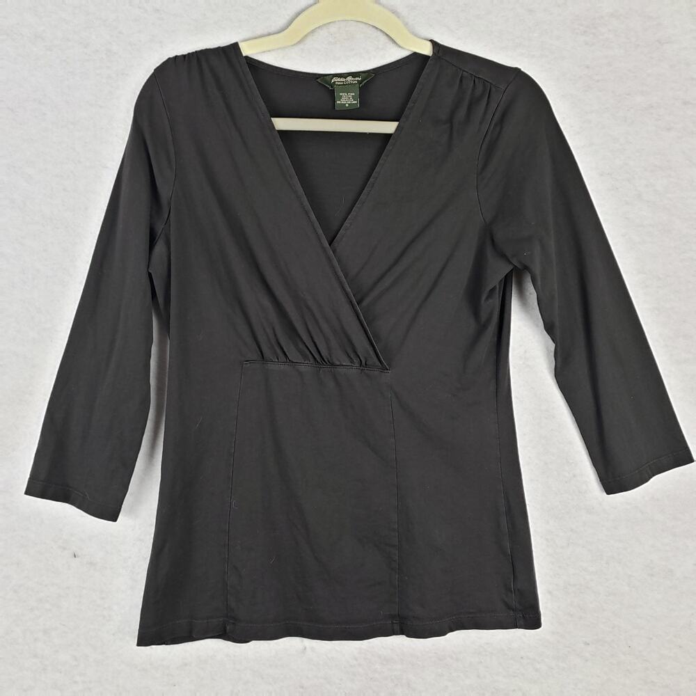 Eddie Bauer Women's S Crop Sleeve Crossover Blouse Solid Black Pima Cotton Basic
